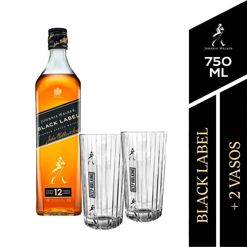 Pack Whisky Johnnie Walker Black Label 12 Años 750ml + 2 Vasos de regalo