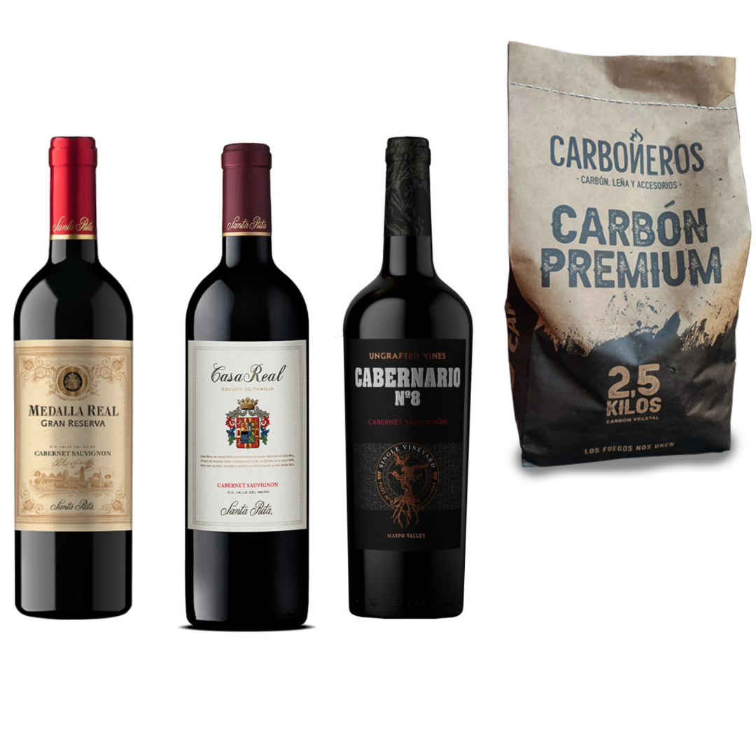Pack Vinos Gran Reserva Cabernet Sauvignon Santa Rita + Carbón Premium Carboneros 2,5 Kg