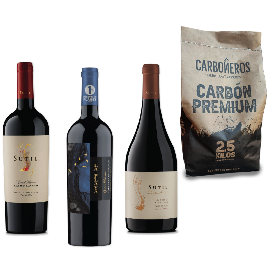 Mix Vinos Gran Reserva Cabernet Sauvignon Viña Sutil  + Carbón Premium Carboneros 2,5 Kg