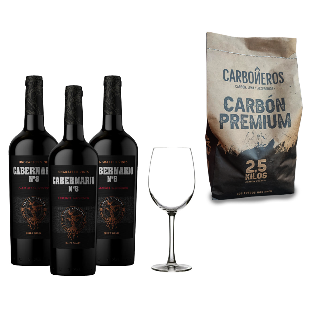 Pack 3x Vino Cabernario Cabernet Sauvignon 750cc + Copa Cabernario + Carbón Premium Carboneros 2,5 Kg