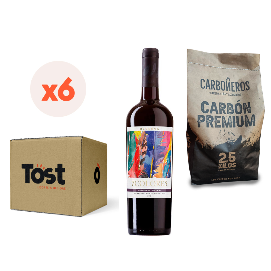 6x Vino 7 Colores Gran Reserva Carmenere + Carbon Premium Carboneros 2,5 Kg