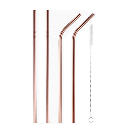 Caja Bombillas De Metal Ecologicas Rose Gold - Set De 4 + Cepillo