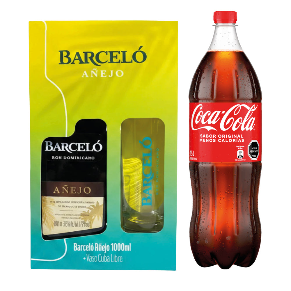 Pack Ron Cola: Ron Barceló Añejo 1000cc + Coca-Cola 1500cc Variedades + Vaso de Regalo
