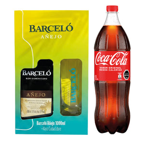 Pack Ron Cola: Ron Barceló Añejo 1000cc + Coca-Cola 1500cc Variedades + Vaso de Regalo