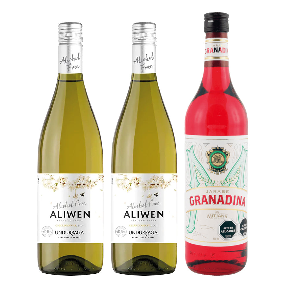Pack Terremoto Sin Alcohol XL: 2 Aliwen Alcohol Free Chardonnay 750cc + Granadina Mitjans 900cc