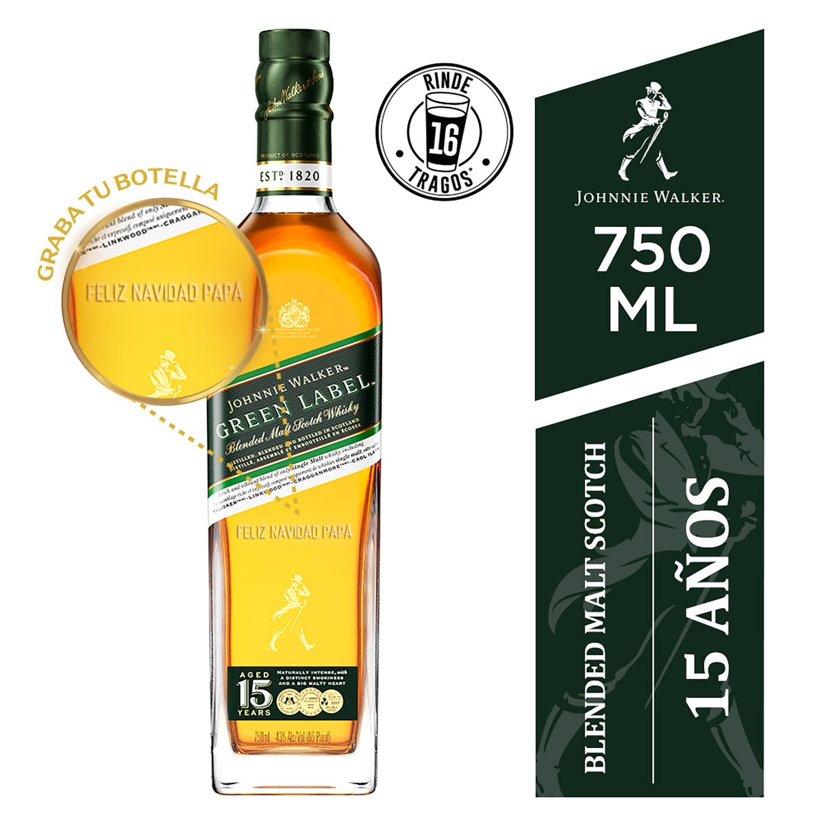 Whisky Johnnie Walker Green Label reserva 15 años 43º 750cc