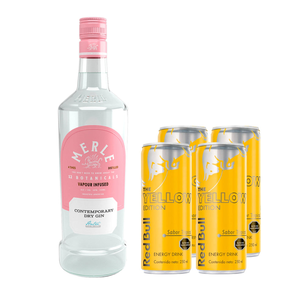 Pack Tropical Gin: Gin Merle Contemporary Dry 750cc+ 4 Red Bull Yellow 250cc