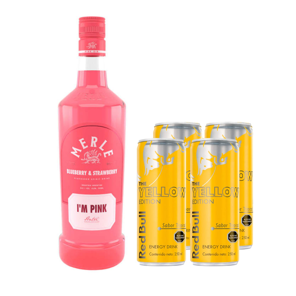 Pack Tropical Gin: Gin Merle I&#39;M Pink 750cc + 4 Red Bull Yellow 250cc