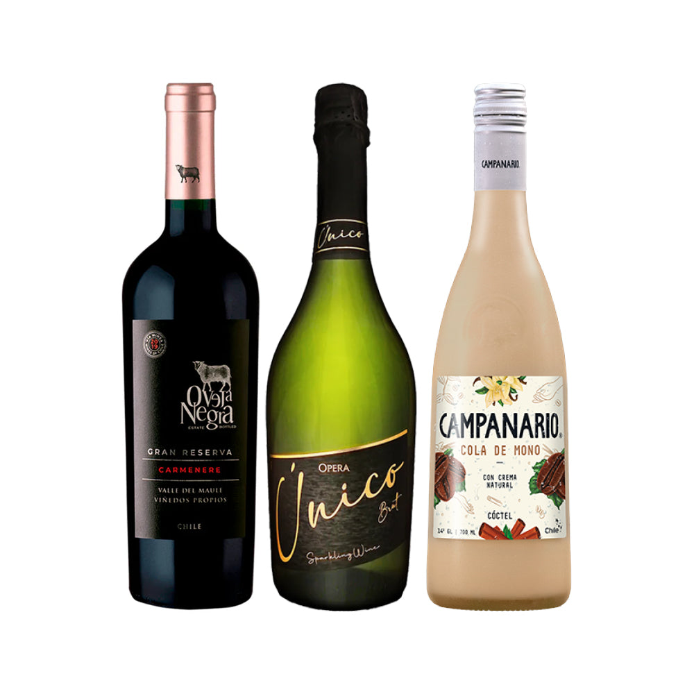 Pack de Regalo: Vino Gran Reserva Carmenere 750cc + Espumante Brut 750cc + Cola de Mono 700cc