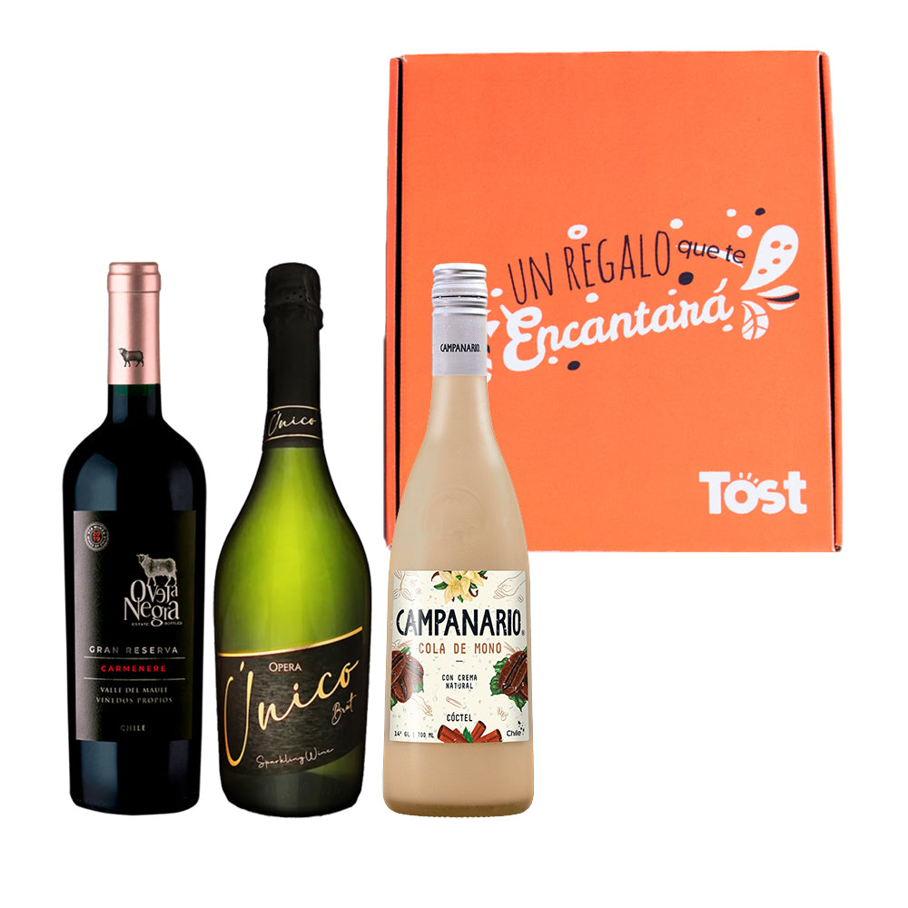 Pack de Regalo: Vino Gran Reserva Carmenere 750cc + Espumante Brut 750cc + Cola de Mono 700cc