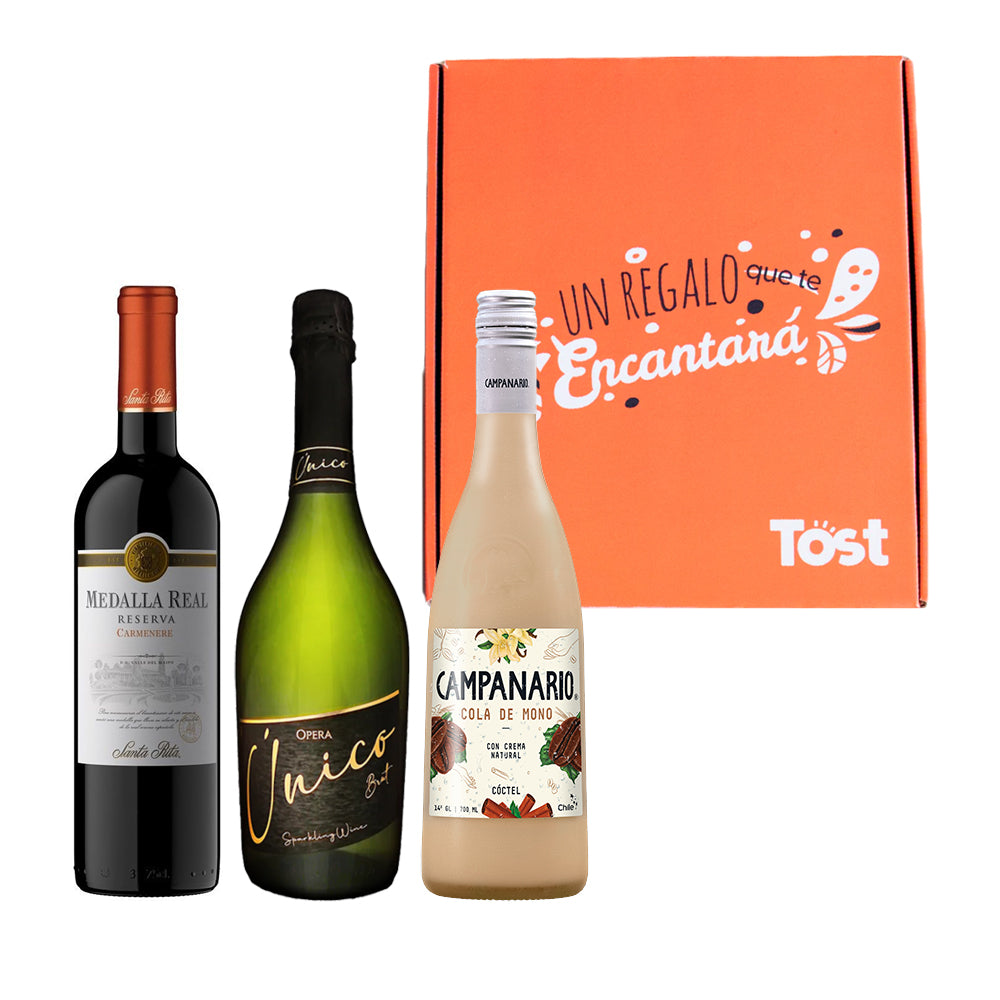 Pack de Regalo: Vino Reserva Carmenere 750cc + Espumante Brut 750cc + Cola de Mono 700cc