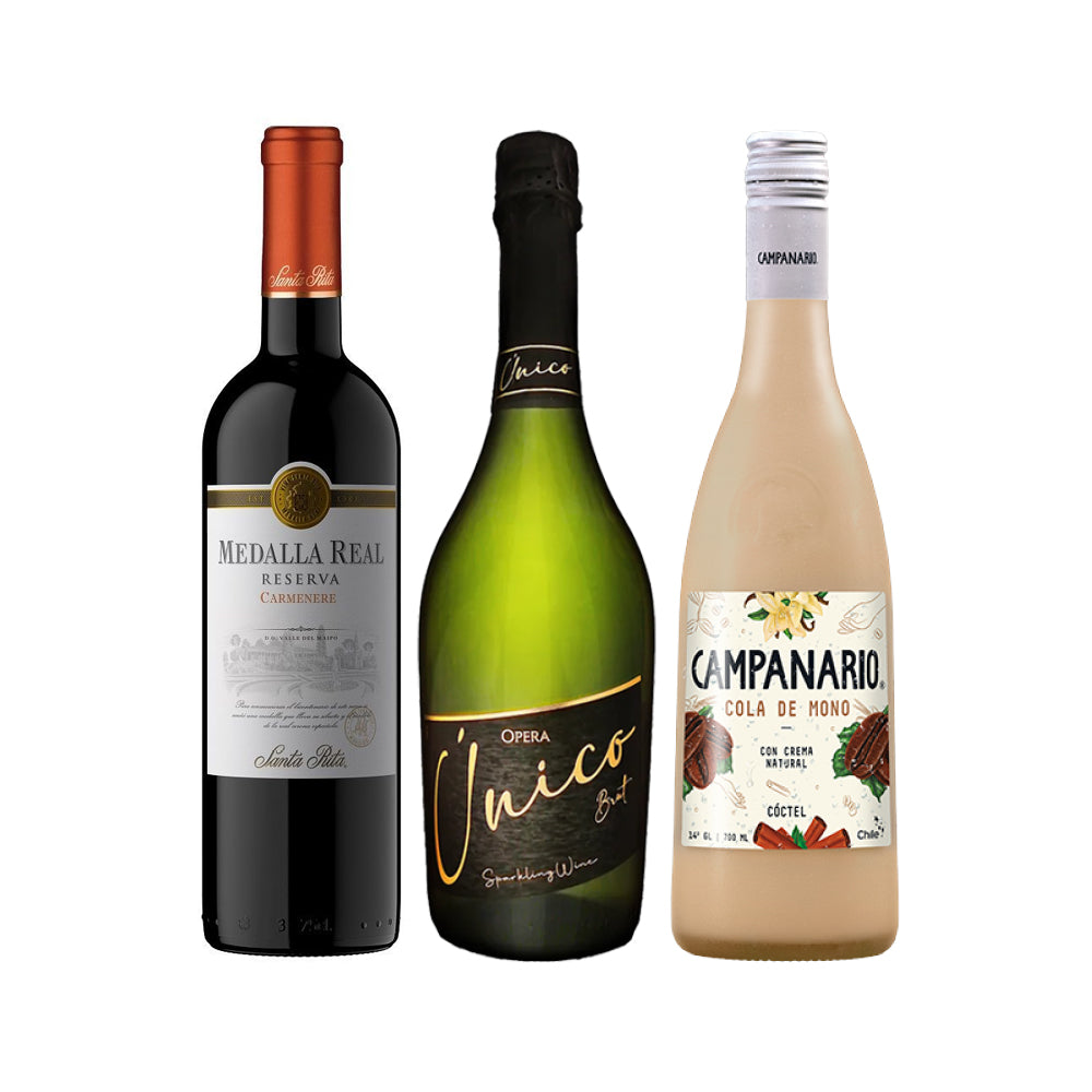 Pack de Regalo: Vino Reserva Carmenere 750cc + Espumante Brut 750cc + Cola de Mono 700cc