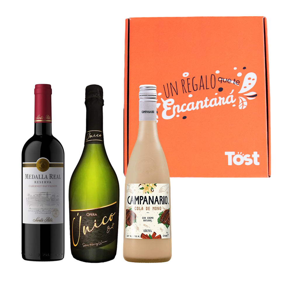 Pack de Regalo: Vino Reserva Cabernet Sauvignon 750cc + Espumante Brut 750cc + Cola de Mono 700cc