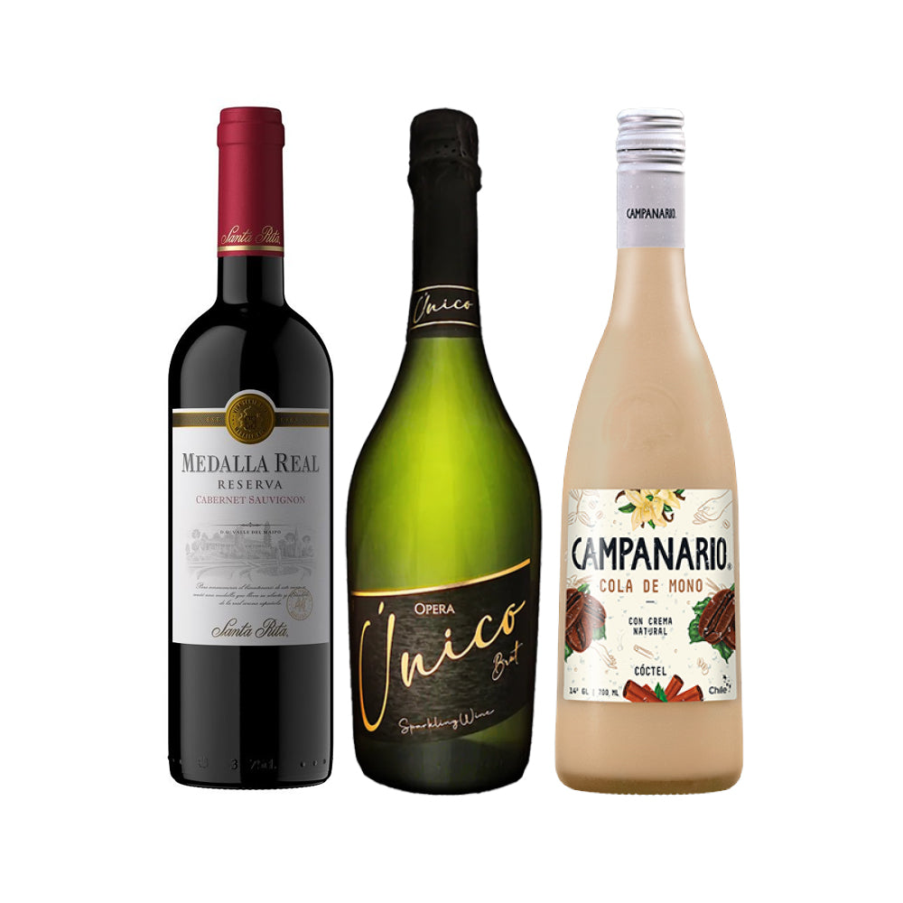 Pack de Regalo: Vino Reserva Cabernet Sauvignon 750cc + Espumante Brut 750cc + Cola de Mono 700cc