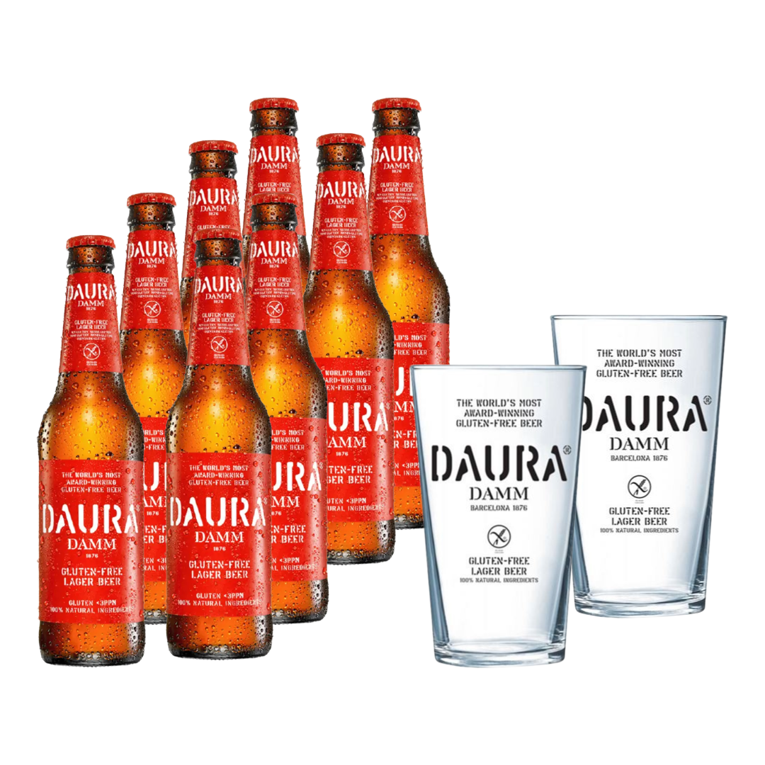 8x Cerveza Damm Daura Lager Sin Gluten 4.6° 330cc + 2 Vasos