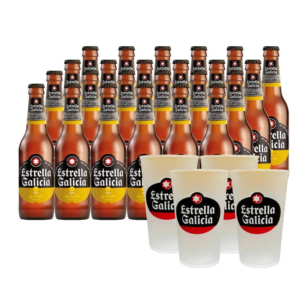 Pack 24 Cerveza Estrella Galicia Sin Gluten 330cc + 4 Vasos