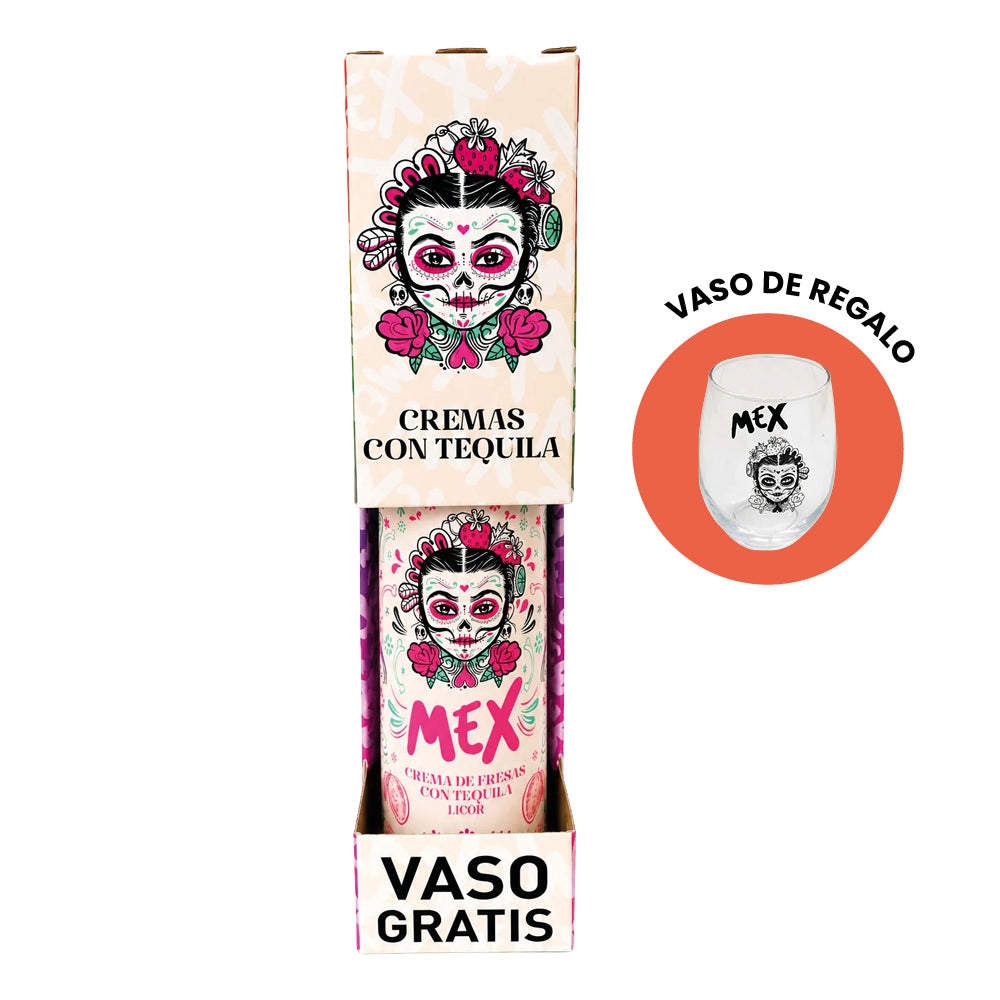 Pack Licor Mex Crema de Fresa con Tequila 15° 700cc + Vaso de Regalo