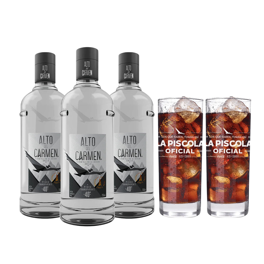 Pack 3 Alto Del Carmen Transparente 40º 750cc + 2 Vasos Piscoleros de Regalo