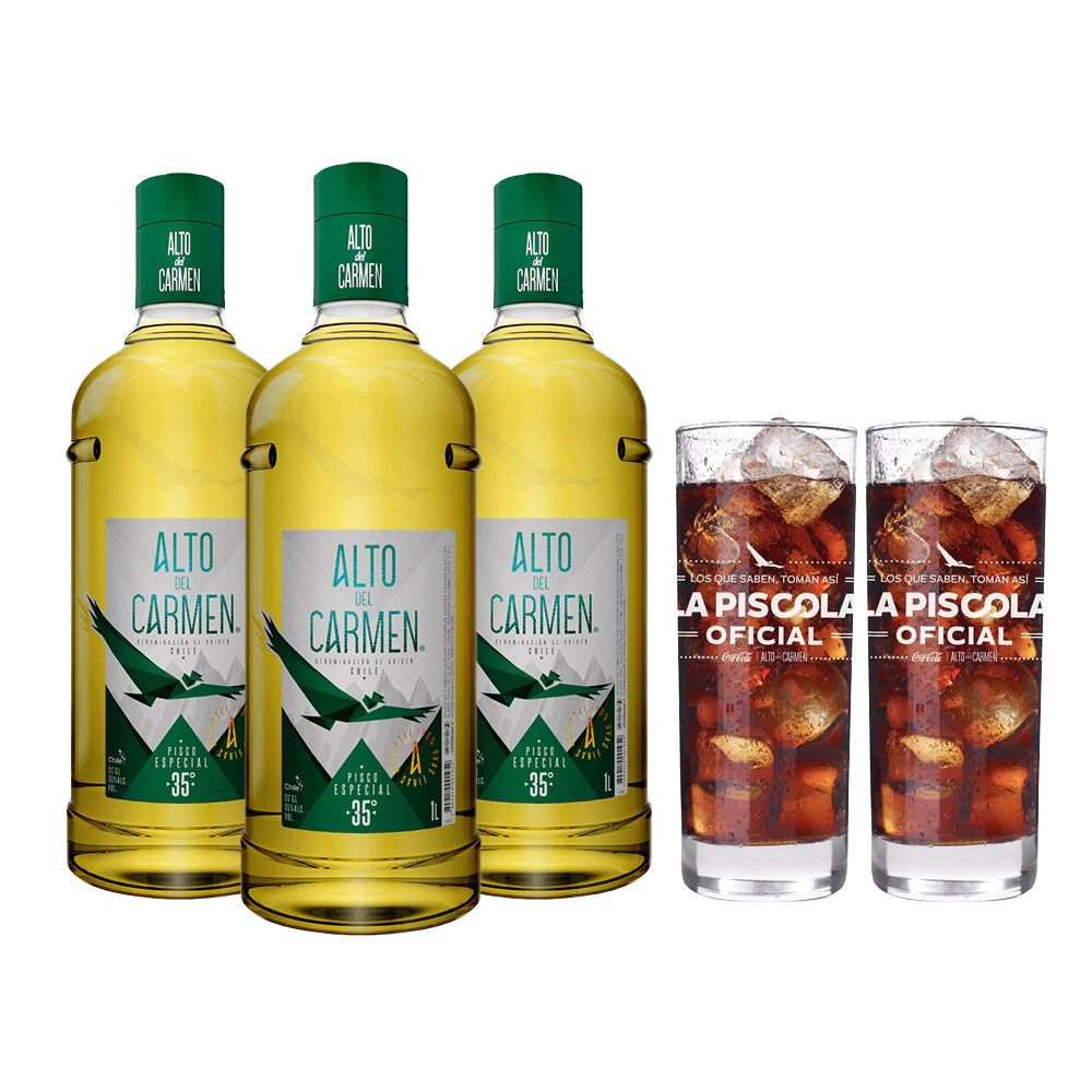 Pack 3 Alto Del Carmen 35º 1000cc + 2 Vasos Piscoleros de Regalo