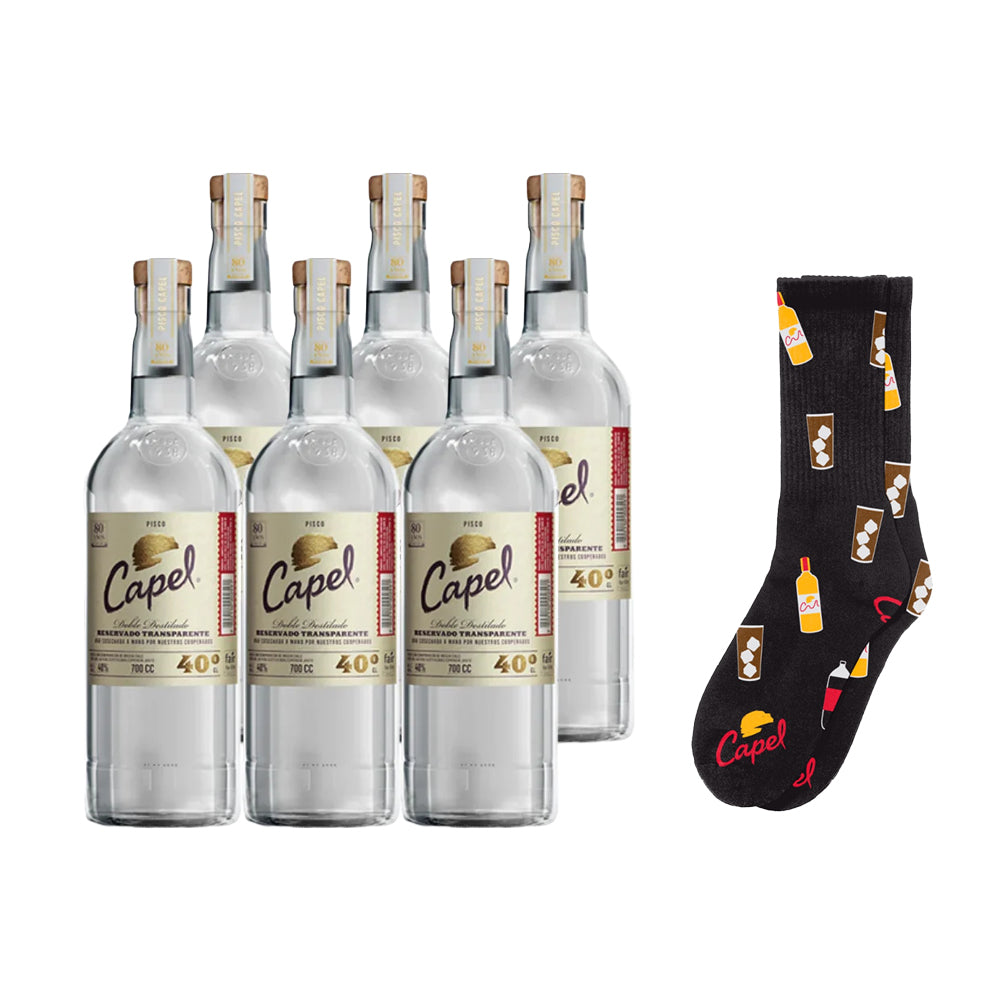 6x Pisco Capel Doble Destilado Blanco 40° 700cc + Par de Calcetines de Regalo