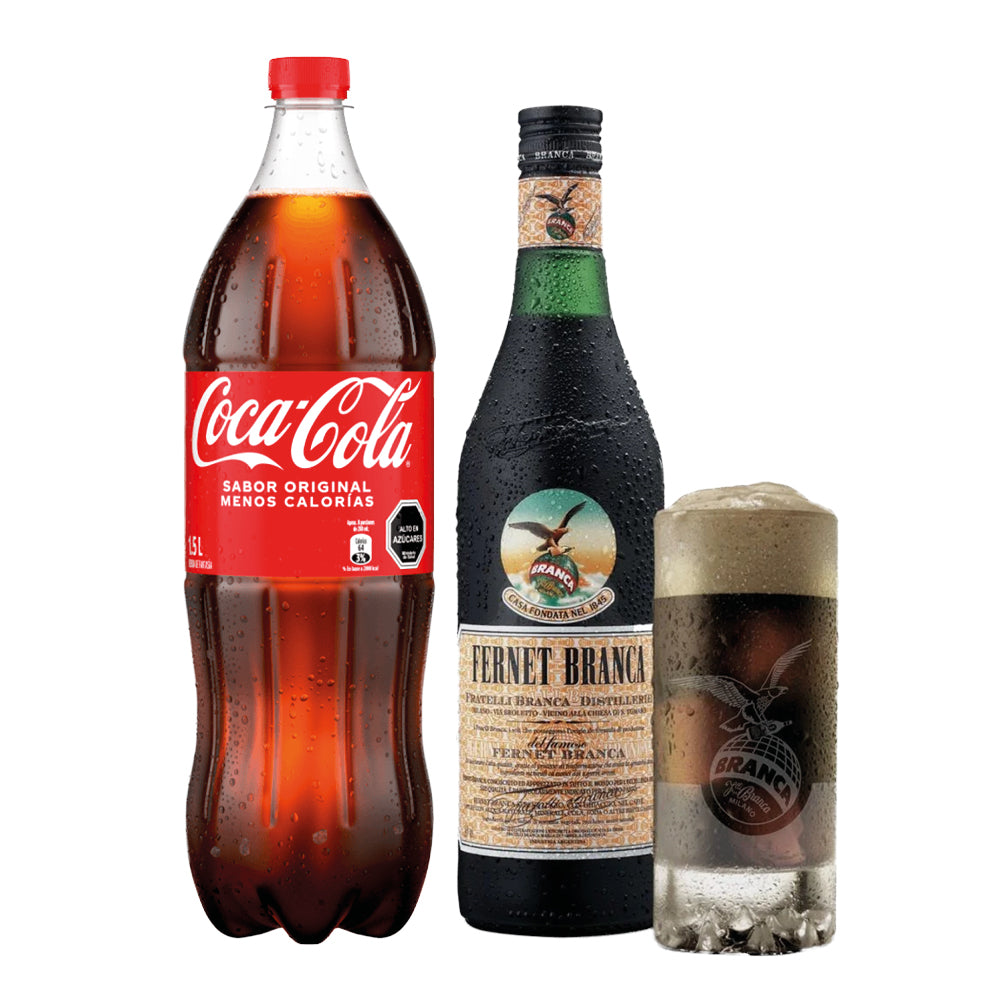 Pack Fernet-Cola: Licor Fernet Branca 750cc + Bebida Coca-Cola Variedades 1500cc + Vaso Branca de Regalo