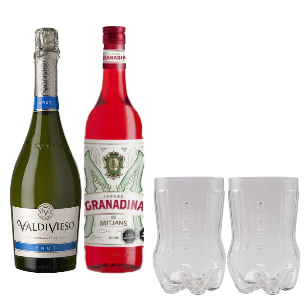 Pack Terremolais: Espumante Valdivieso Brut 750cc + Granadina 900cc + 2 Vasos Ferneteros Mimosa