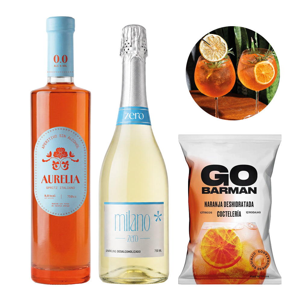 Pack Licor Sin Alcohol Aurelia Italiano 750cc + Espumante Milano Zero 750cc + Deshidratado Go Barman 32g