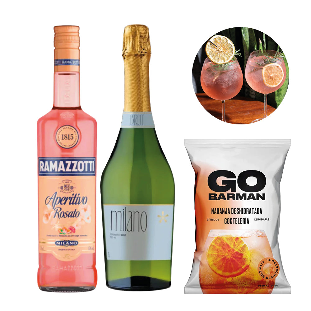 Pack Licor Ramazzotti Rosato 700cc + Espumante Milano 750cc + Deshidratado Go Barman 32g