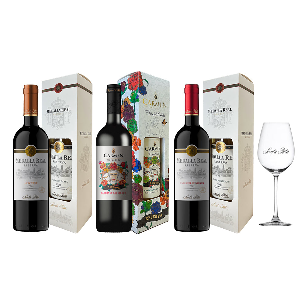 Arma tu Pack - 3x Vinos Reserva Medalla Real / Carmen Frida Kahlo 750cc + Copa Santa Rita de Regalo - Cabernet Sauvignon / Cabernet Sauvignon / Cabernet Sauvignon