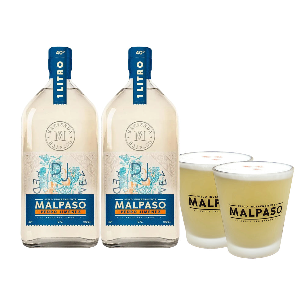 2x Pisco Mal Paso Pedro Jiménez 40° 1000cc + 2 Vasos de Regalo