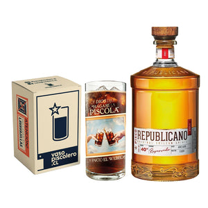 Pisco Republicano Añejado en Roble 40º 750cc + Vaso Piscolero Ilustrado 450cc