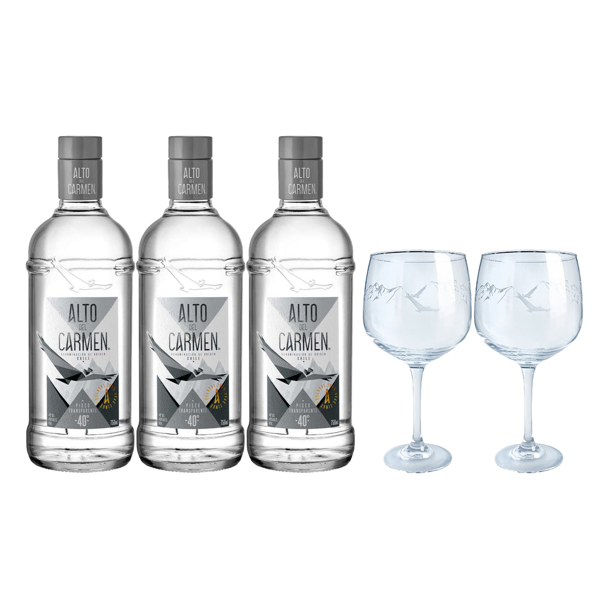 3x Pisco Alto Del Carmen Transparente 40º 750cc + 2 Copas Alto del Carmen de Regalo