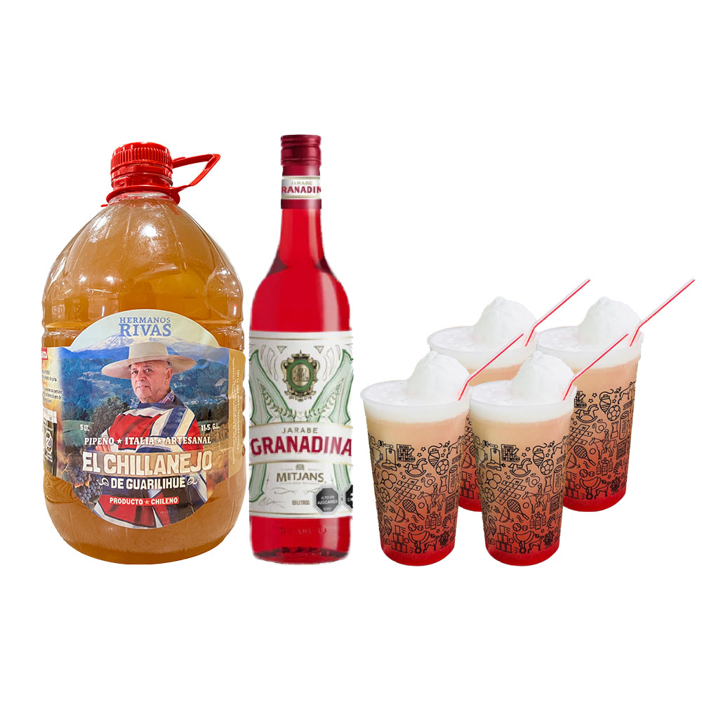 Pack Terremoto: Pipeño El Chillanejo 5 Litros + Granadina Mitjans 900cc + 4 Vasos para Terremoto