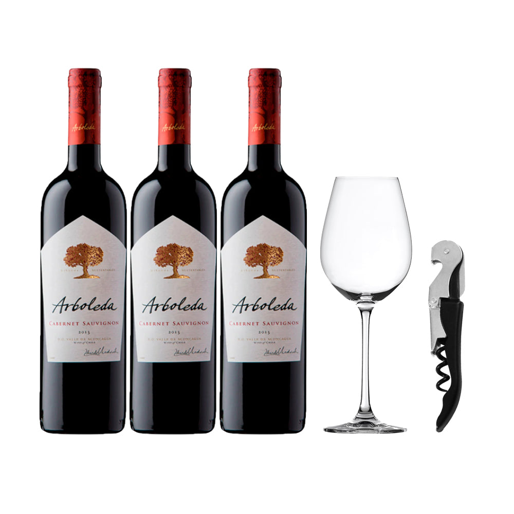 Pack 3 Vino Arboleda + Copa + Descorchador