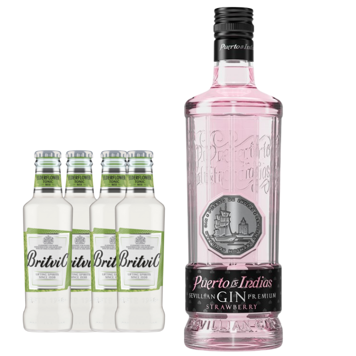 Gin Puerto de Indias Premium Strawberry 700cc + 4 Britvic Elderflower 200cc