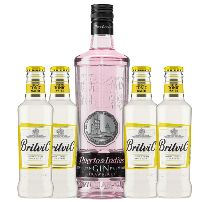 Gin Puerto de Indias Premium Strawberry 700cc + 4 Britvic Tonic Water