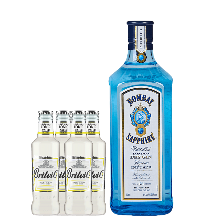 Gin Bombay Sapphire 700cc + 4 Agua Tónica Britvic Low Calorie 200cc