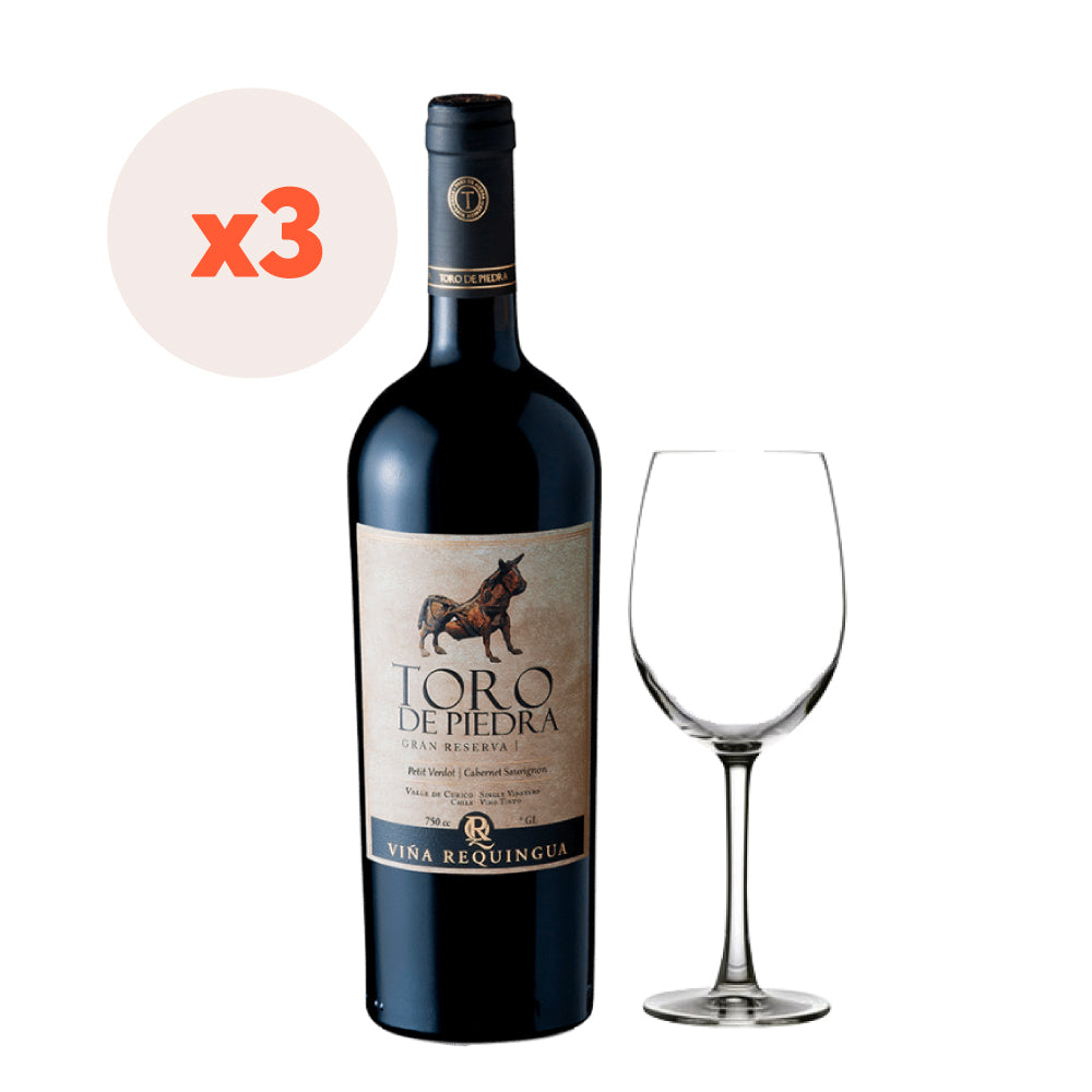 Pack 3x Vino Toro de Piedra Gran Reserva 750cc + Copa Premium 360cc