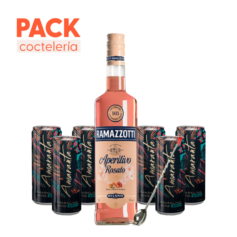 Pack Ramazzotti Rosato 700cc + 6 x Amaranta Lata Brut 250cc + Cuchara de Cóctel